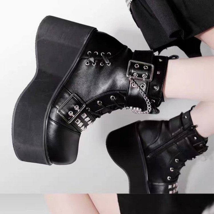 Gothic Punk Belt Buckle Platform Boots | Hollow-Out PU | Women