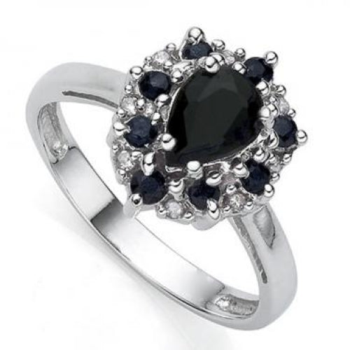Bague halo de luxe saphir taille poire • Argent sterling • Plaqué or blanc 14 carats • Taille 7 • Neuve