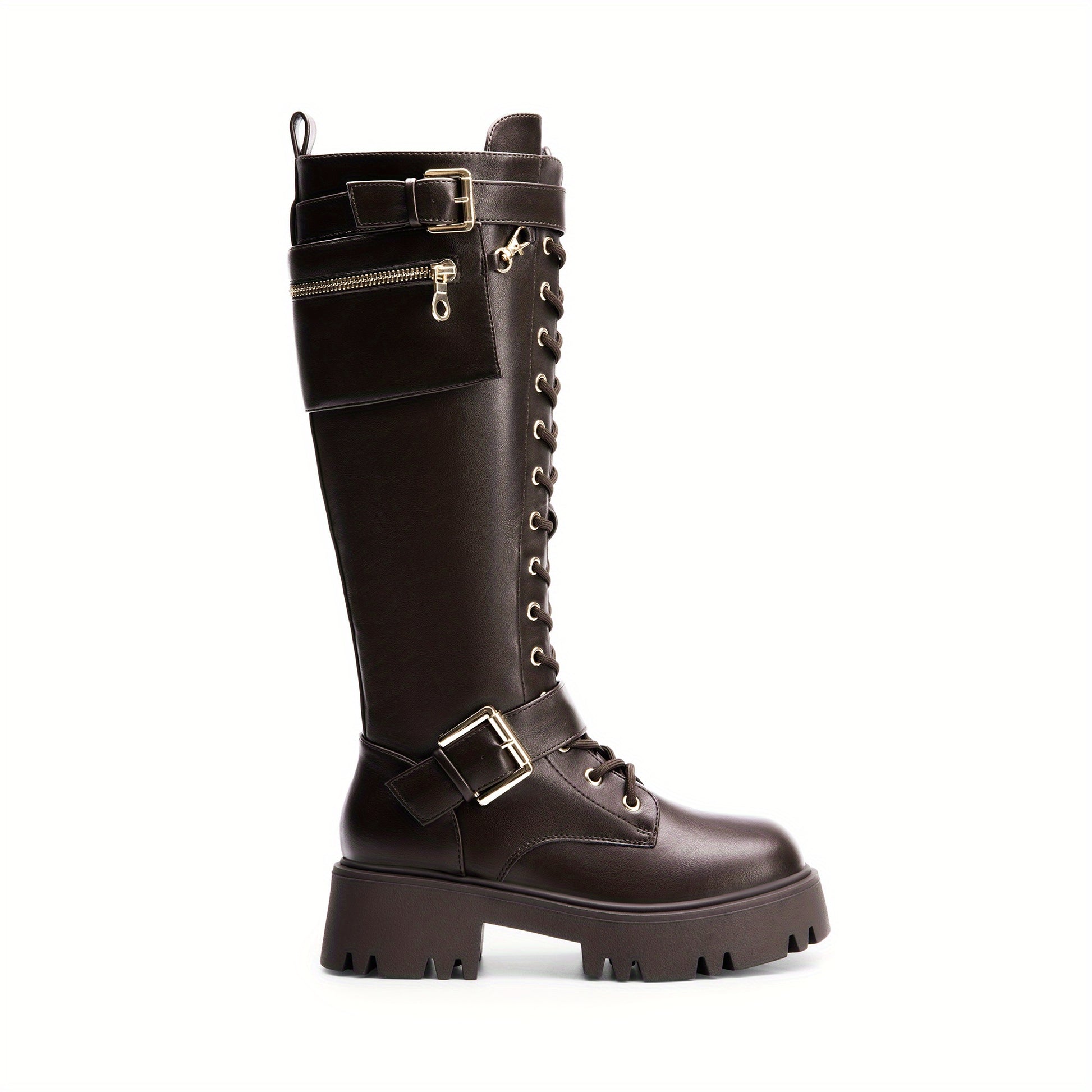 Dark brown alternative darkwave knee high boots women built in pocket and lug sole angled view