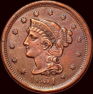 Cent de grande taille à tête couronnée de 1851 aux cheveux tressés - État AU-58 de choix