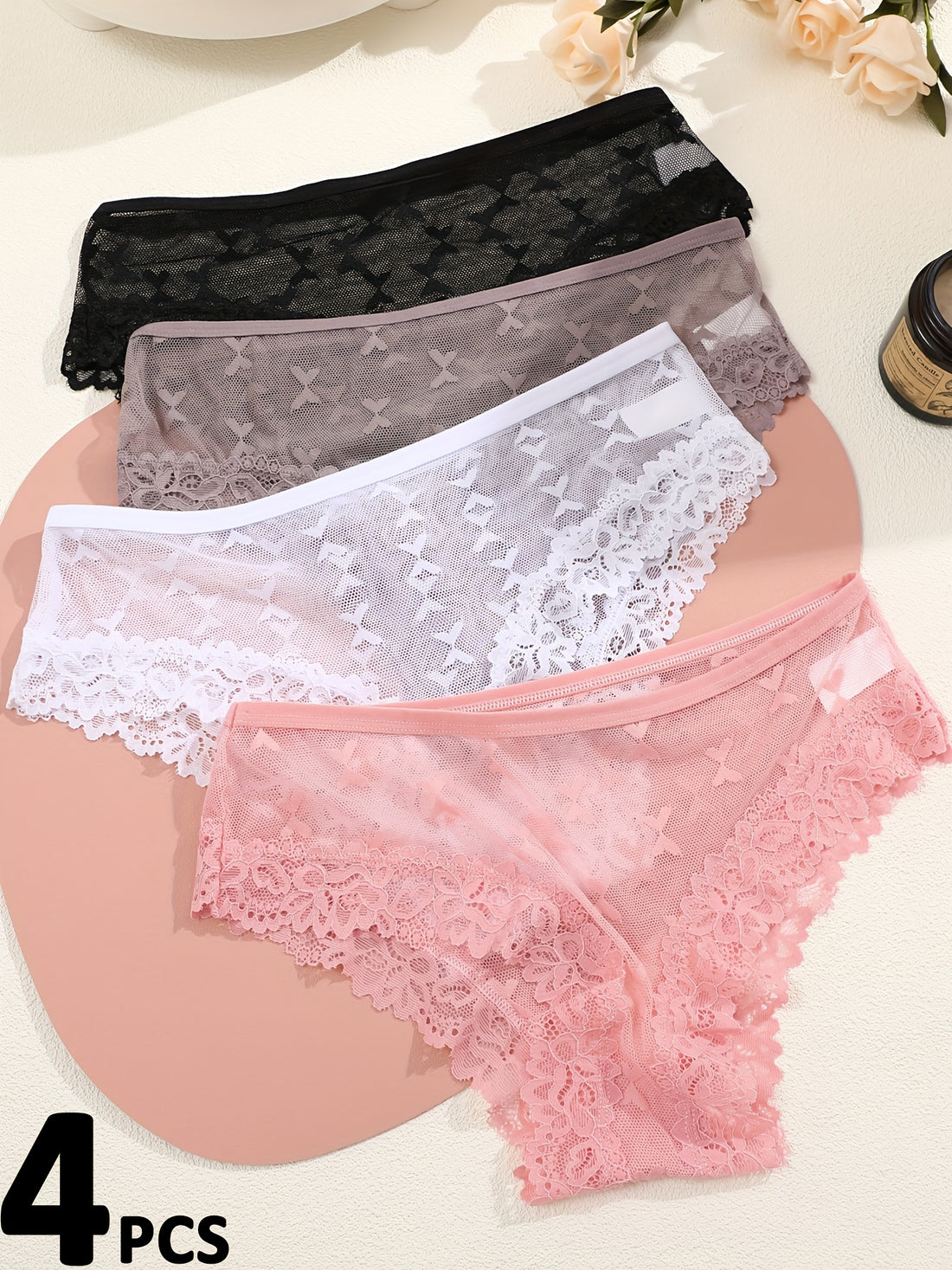 4pcs BellaBreeze Women's Sheer Mesh Underwear - Breathable Low-Rise Briefs with Lace Trim & Netted Panel, Semi-Sheer Solid Color Panties Suitable for Females, Spring Summer Casual Attire, Machine Washable Elegant Lingerie