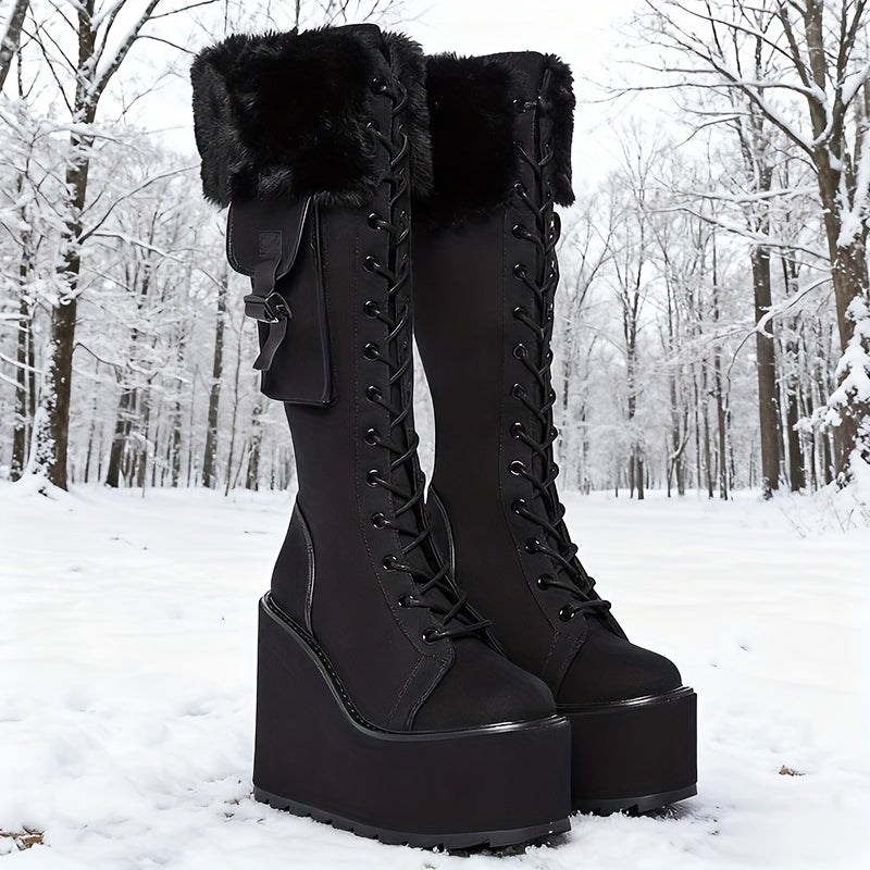 Black faux fur platform boots darkwave fashion women knee high wedge sole lace up front view snow