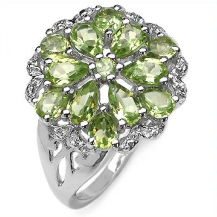 Bague de luxe en péridot 2,47 CTW • Centre taille poire • Or blanc rhodié sur argent sterling • Taille 8