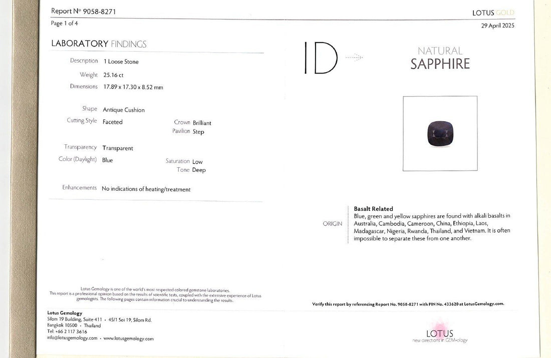 25.16ct Antique Cushion Cut Unheated Blue Sapphire | Museum Collector