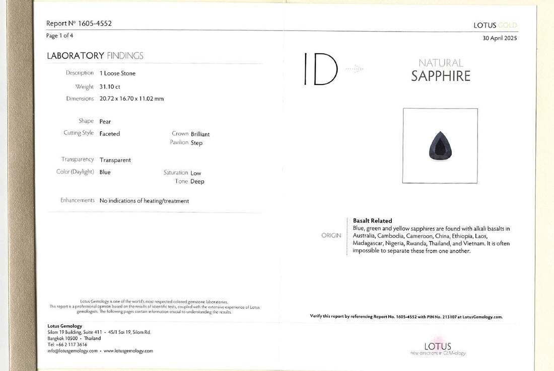 31.10ct Sapphire Unheated Pear Cut Specimen Deep Blue Lotus Certified