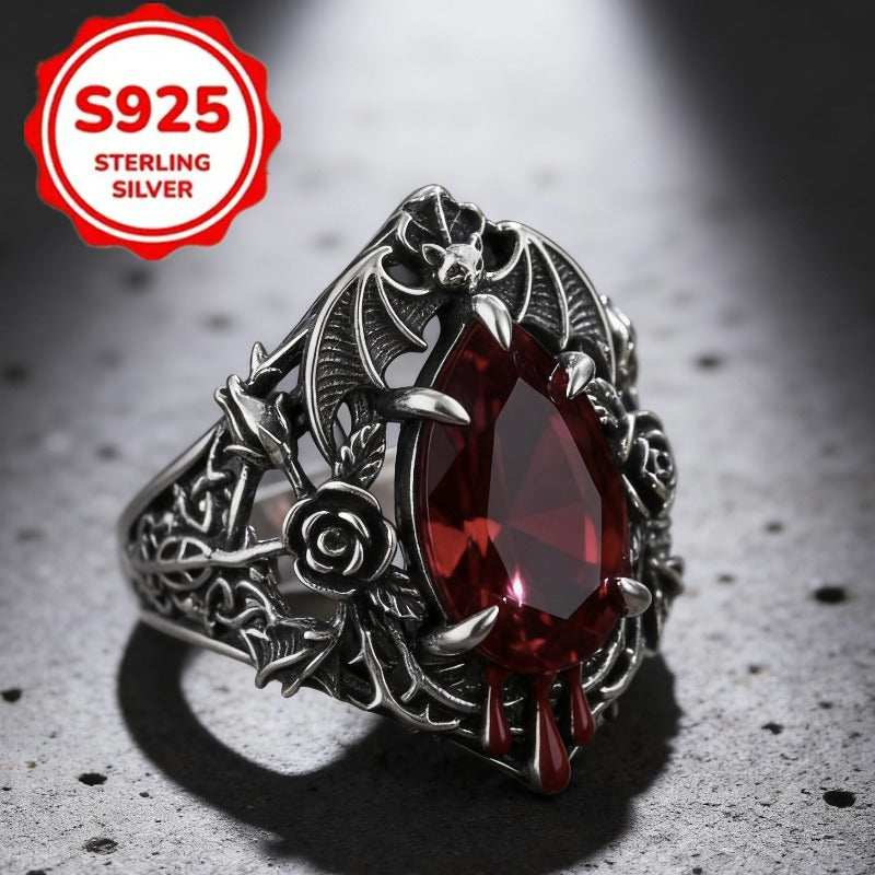 Bague à cabochon rouge en argent sterling S925 – Bijoux Darkwave mode alternative