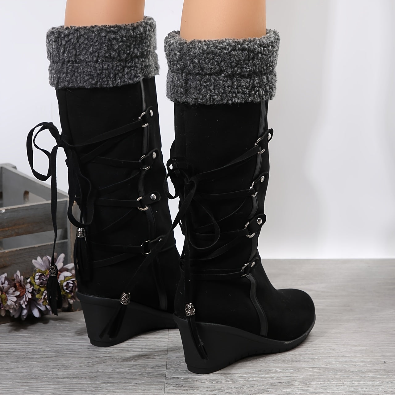 Black tassel wedge boots alternative darkwear women close up stud and knit cuff detail