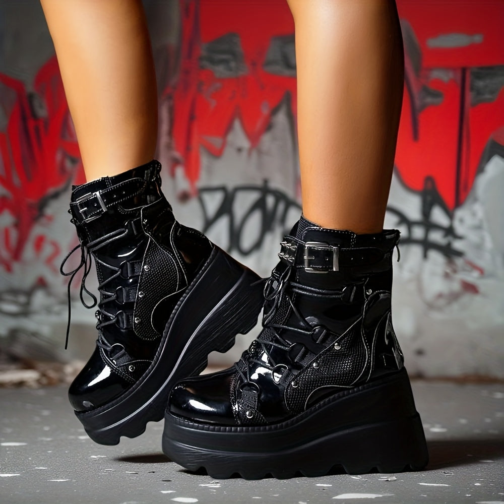 Black platform wedge combat boots alternative darkwear fashion women side view full zipper and wedge platform