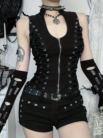 Stilvolles Gothic Schwarzes Träger-Tanktop mit Reißverschluss für Damen