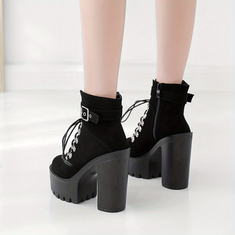Alternative darkwave ankle boots women black velvet lace up front and platform lug sole 