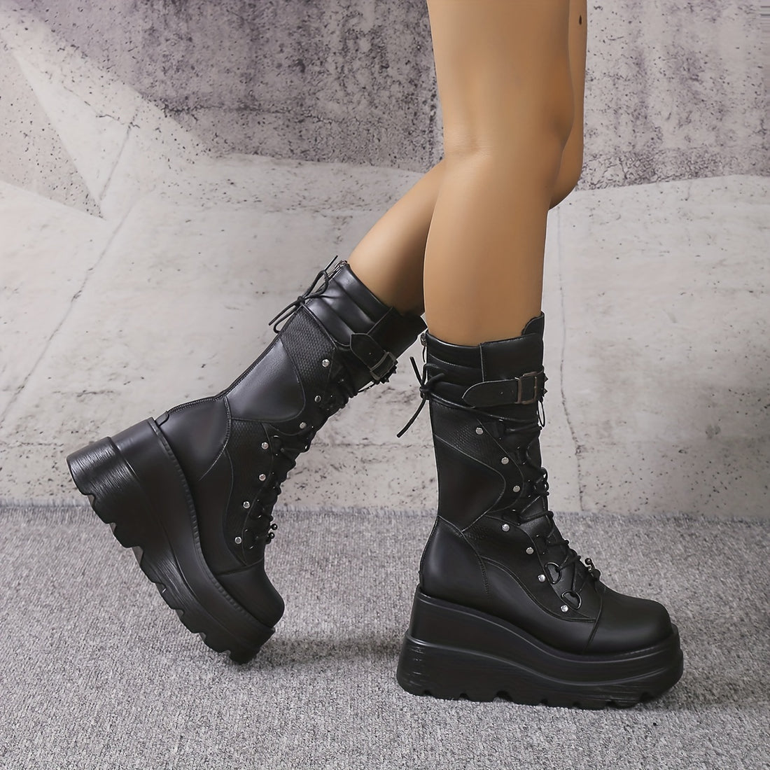 2023 Autumn/Winter New Arrival Women's Fashionable Lightweight Platform Mid-Calf Boots with Plush Lining, Height-Increasing Back Zipper, Wedge Heel, Black Punk Style Knight Boots, Women Shoes