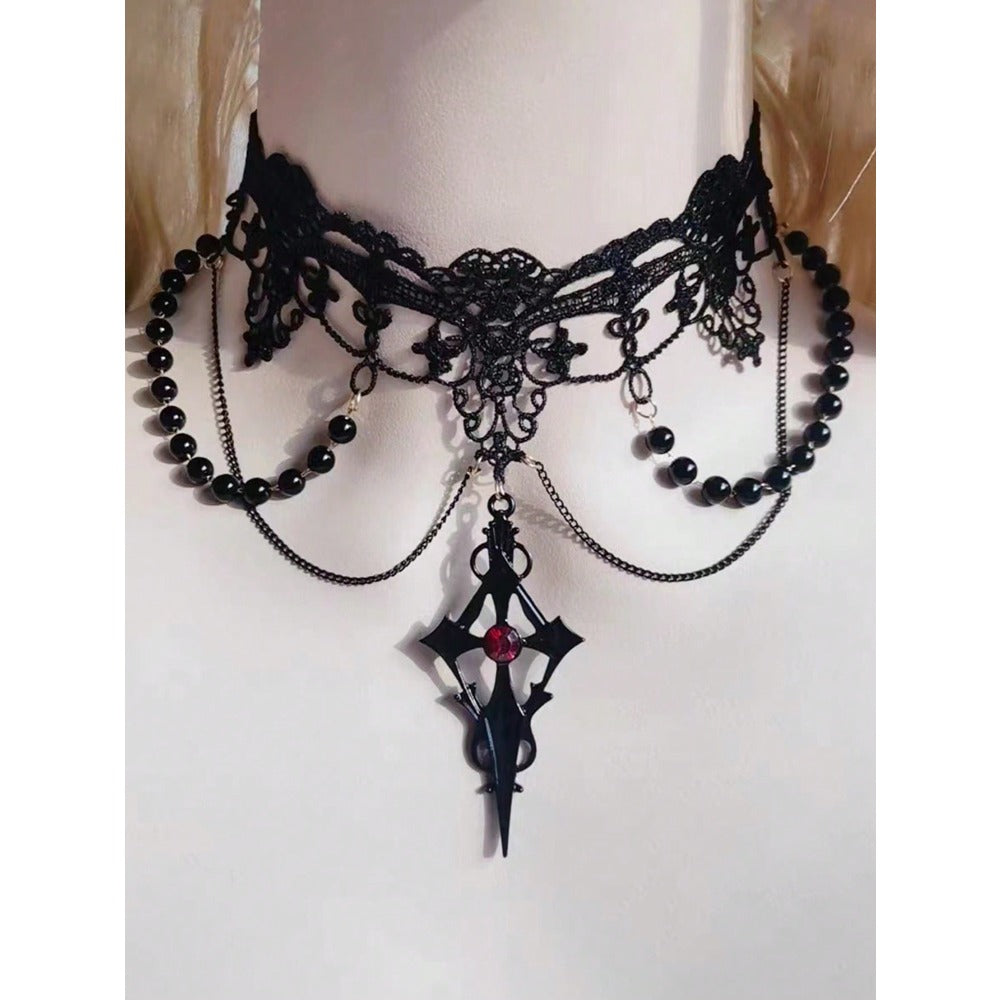 1pc Cross Lace Tassel Bead Necklace Black Metal Gothic Dark Style Suitable for Women'S Daily Parties Halloween Wear