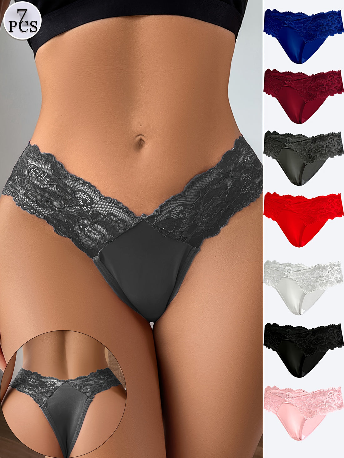 7-Pack Lace Thong Set | Mixed Colors | Semi-Sheer | Darkwave