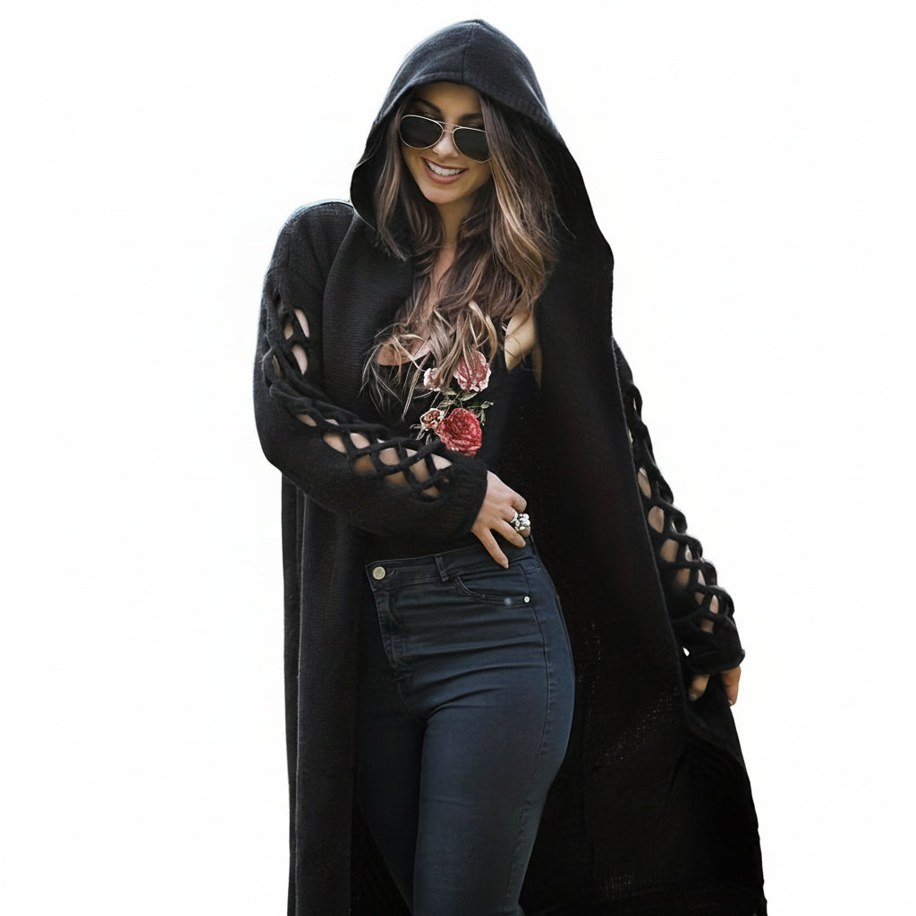 Floral embroidered hooded duster cardigan in black with oversized hood and longline open front silhouette from Alternative Darkwear