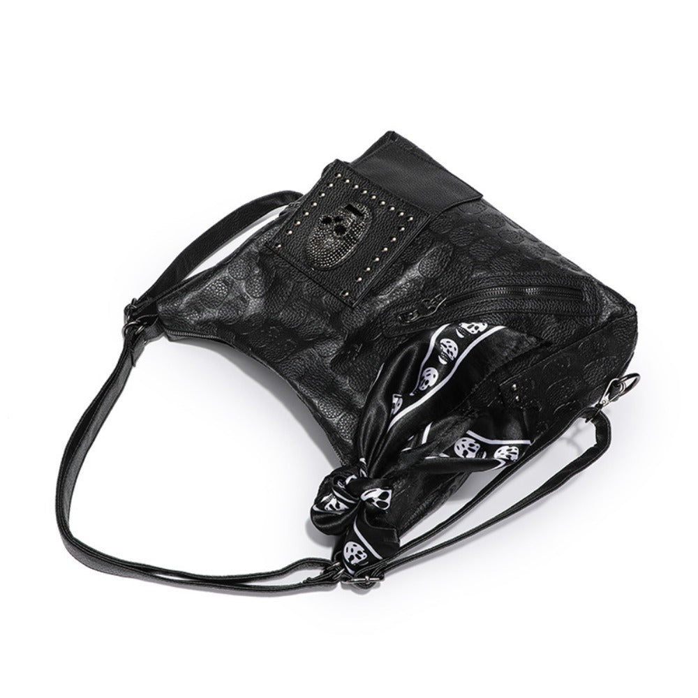 Back view of gothic skull hobo bag showing strap options and structured silhouette from Alternative Darkwear

Ready fo