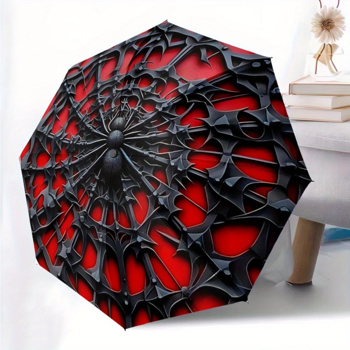 Black and red Spiderweb umbrella with intricate alternative darkwave design