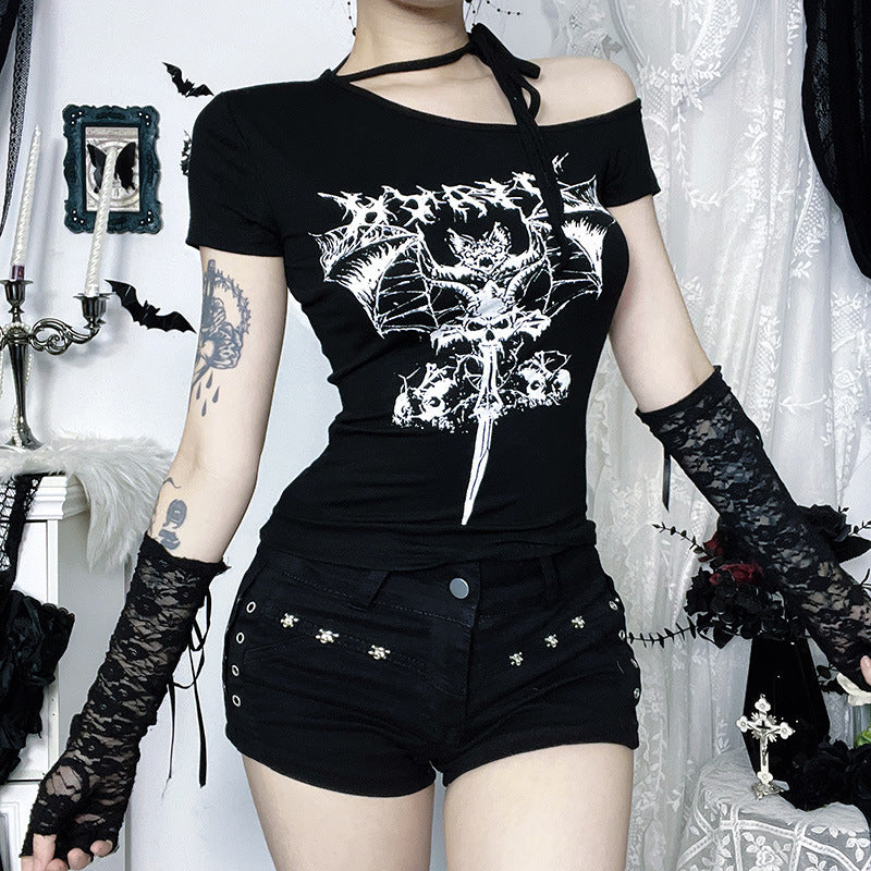Gothic Off-Shoulder Print Top | Slim Knit Short Sleeve | Darkwear