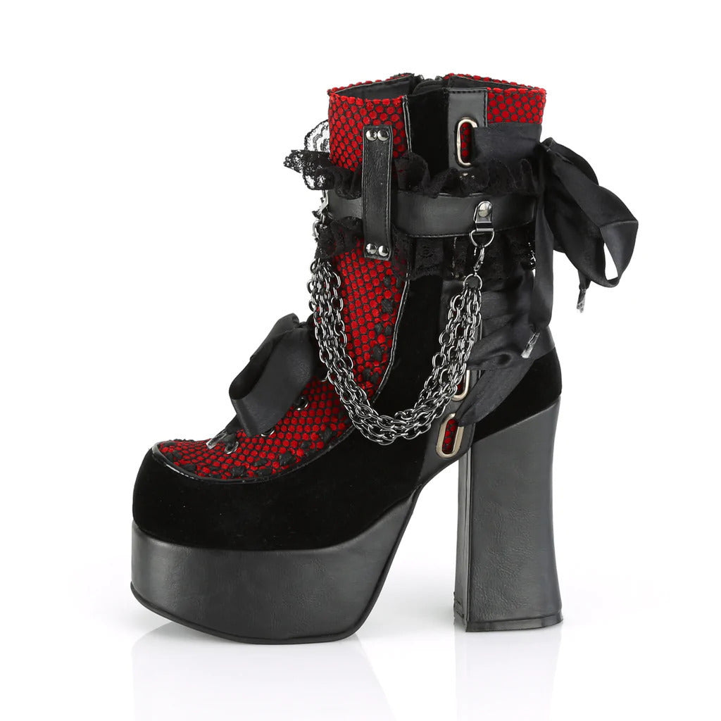 Black and red chunky platform ankle boots alternative fashion women full product view