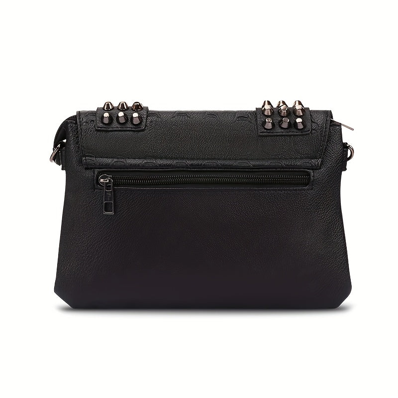 Alternative darkwave bag women black studded front flap and adjustable shoulder strap back view