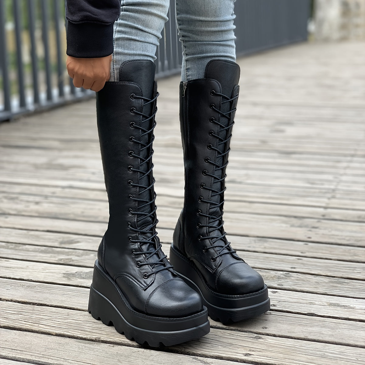 Black knee high lace up platform boots darkwave fashion women full front view chunky sole