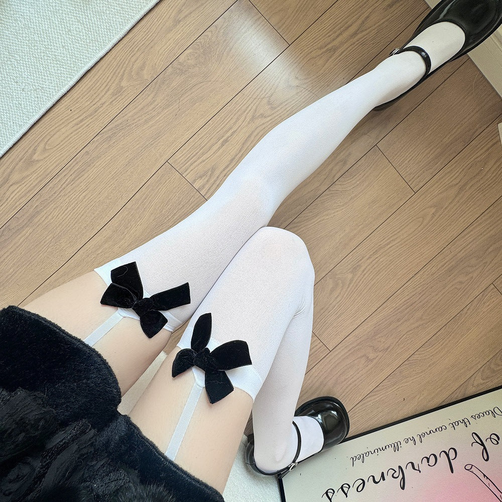 Black & White Velvet Bow Thigh High Socks, Garter Belt Style Over The Knee Stockings, Coquette Lolita Aesthetic Legwear For Women