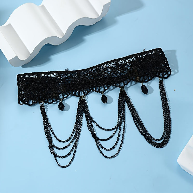 1pc Black Lace Garter Thigh Chain with Tassel and Teardrop Pendant, Fashionable Adjustable Wedding Bridal Leg Ring, Sexy Garter Belt Accessory