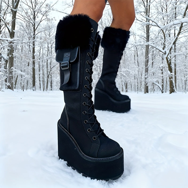 Bottes à plateforme duveteuses de mode alternative, compensées à lacets et fourrure