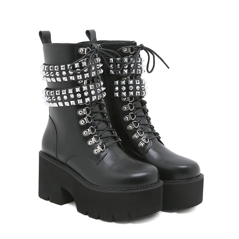 Black platform mid calf boots darkwave fashion women lace up front silver rivet detail angled view