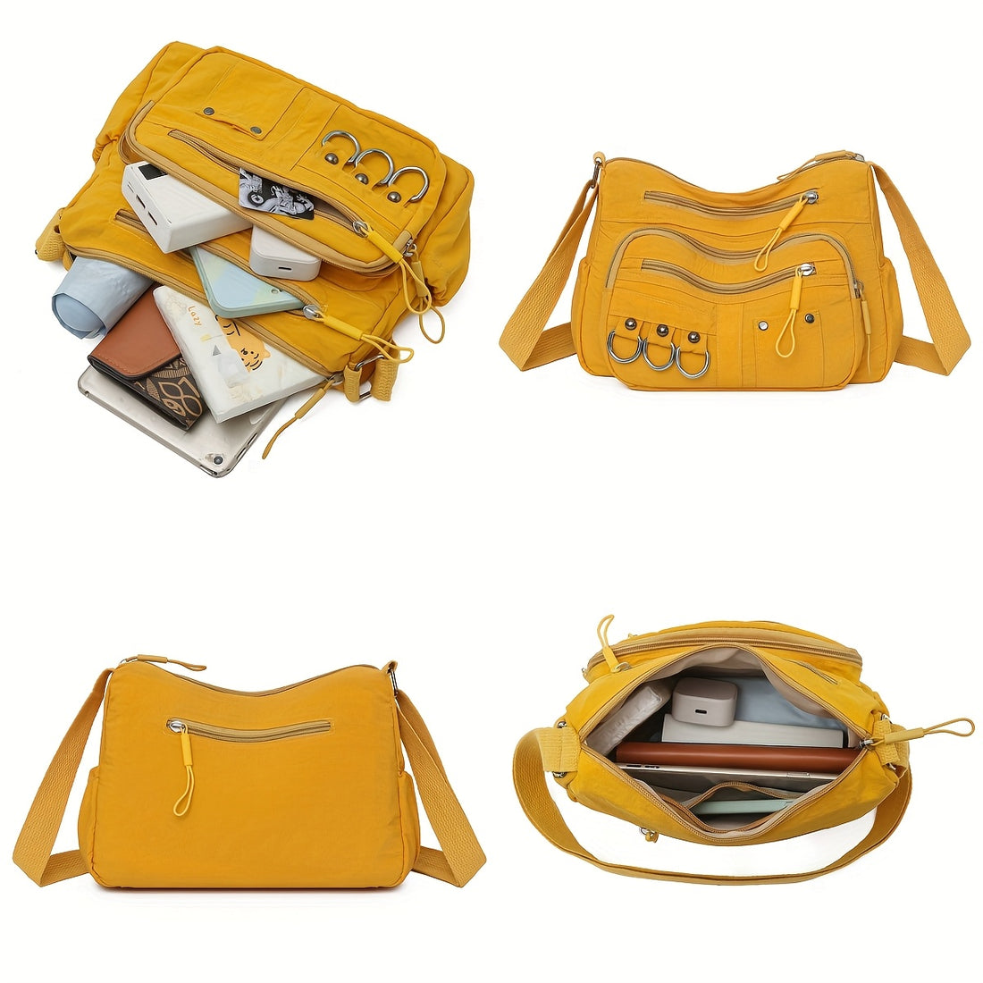Multi-pocket hobo crossbody bag showing all four colorways — black, green, yellow and beige — from Alternative Darkwear