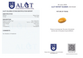 ALGT colored stone identification report with a yellow gemstone on a white background