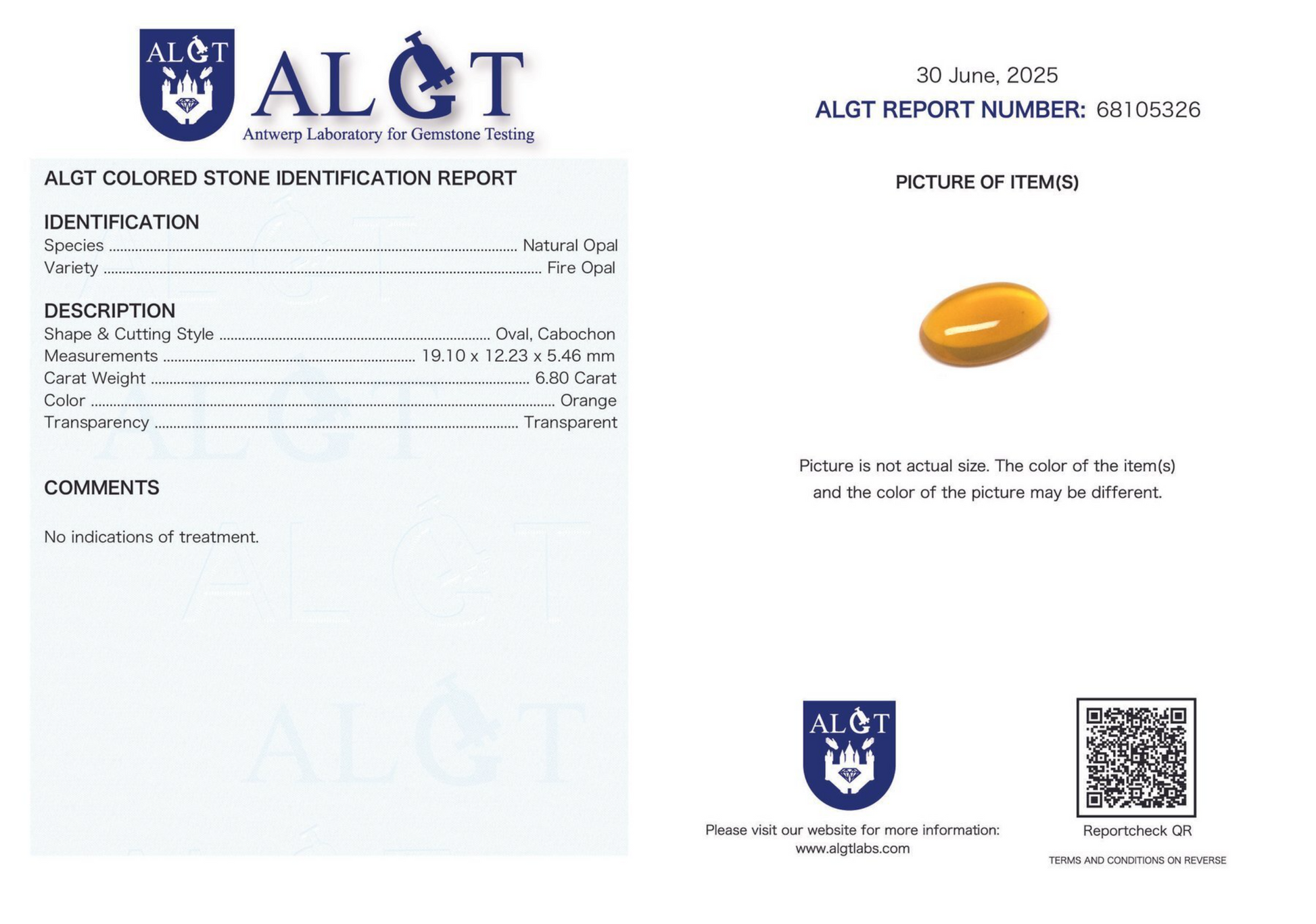 ALGT colored stone identification report with a yellow gemstone on a white background
