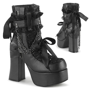 Black platform ankle boots darkwave fashion women chunky heel bow buckle chain detail front view