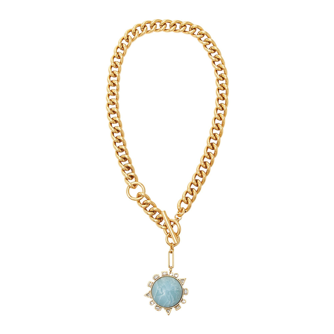 Gold chain necklace with a blue gemstone pendant on a white background