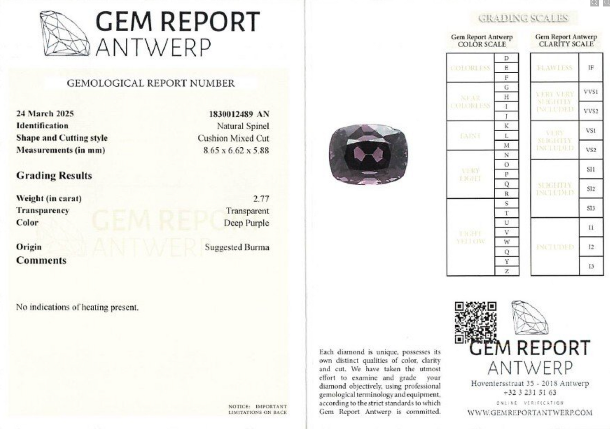 GRA Gem Report Antwerp certificate 1830012489 for 2.77ct natural unheated purple spinel Burma Myanmar origin