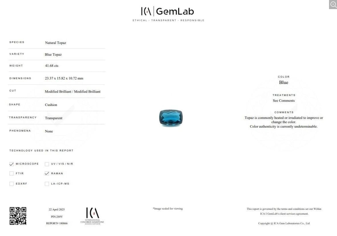 ICA GemLab certificate report 180866 for 41.68ct natural blue topaz cushion cut – April 2025