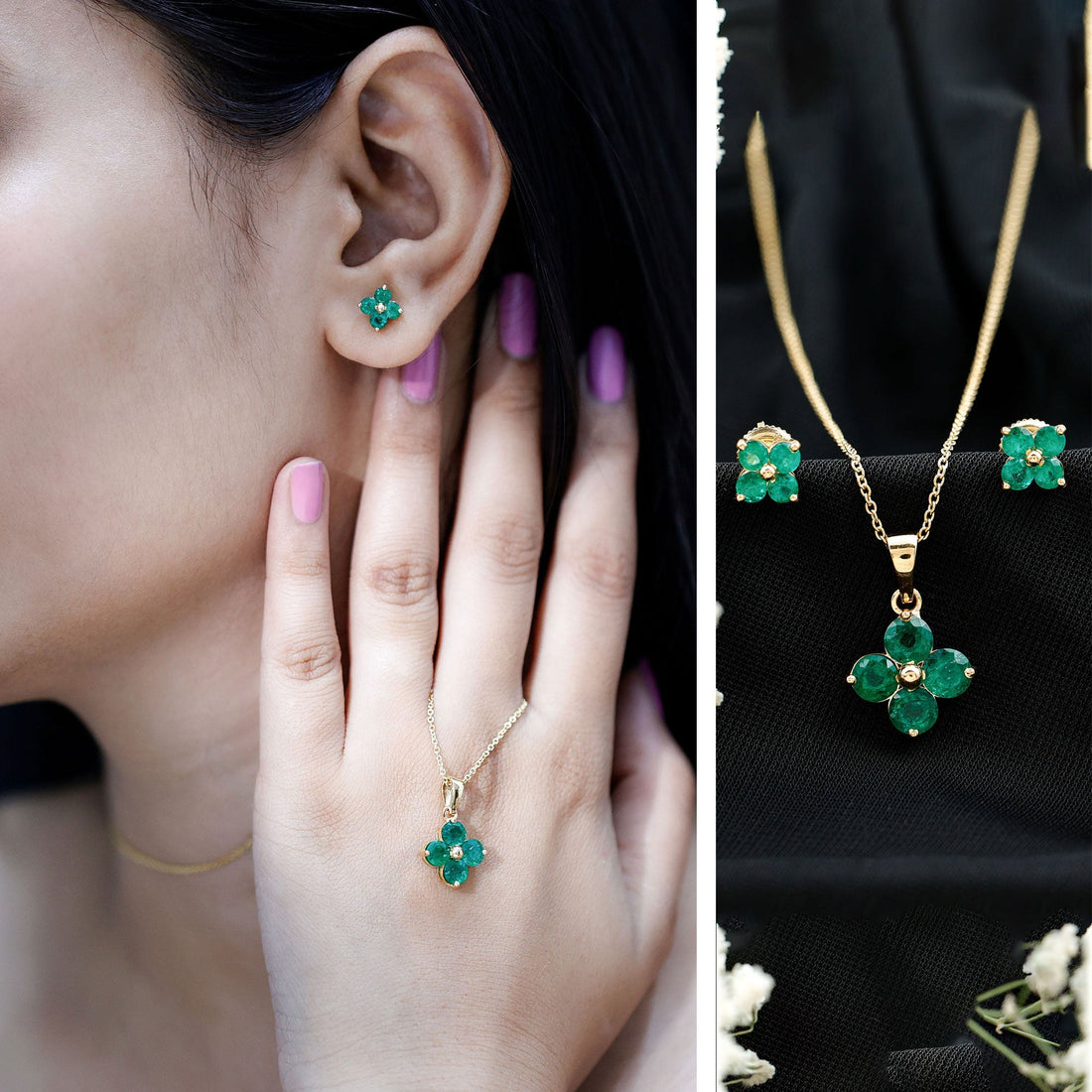 Emerald clover pendant necklace and matching stud earrings jewelry set