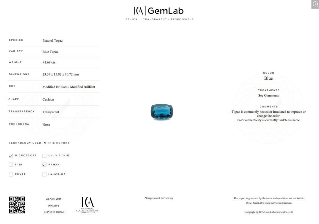 41.68 ct Natural Blue Topaz Cushion Cut Statement Stone ICA Certified