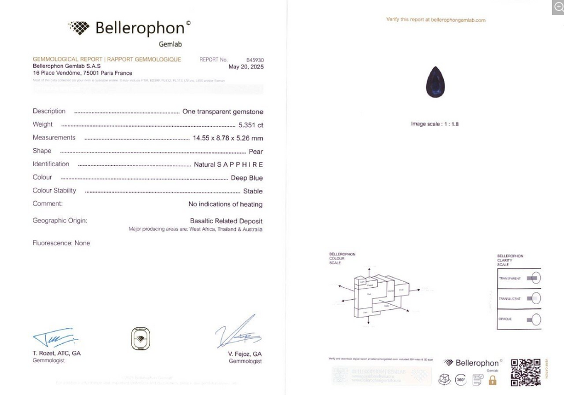 Saphir bleu nuit non chauffé taille poire 5,35 ct Certifié Bellerophon