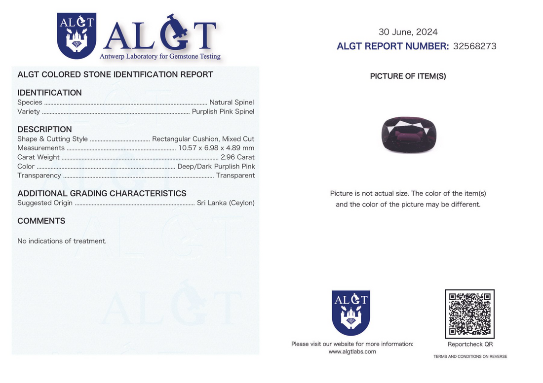 2.96 ct Natural Unheated Purplish Pink Spinel – Cushion Cut | ALGT Certified | Sri Lanka