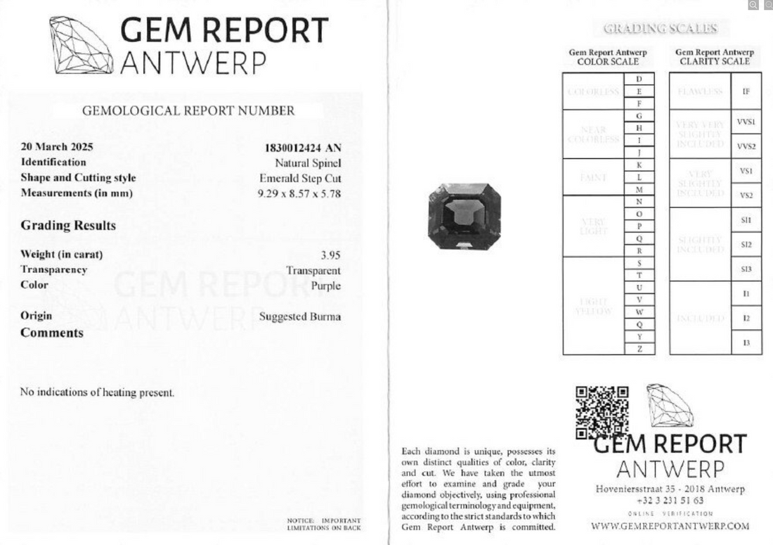 3.95 ct Natural Purple Spinel – Unheated Emerald Cut – Burma (Myanmar) – ALGT Antwerp