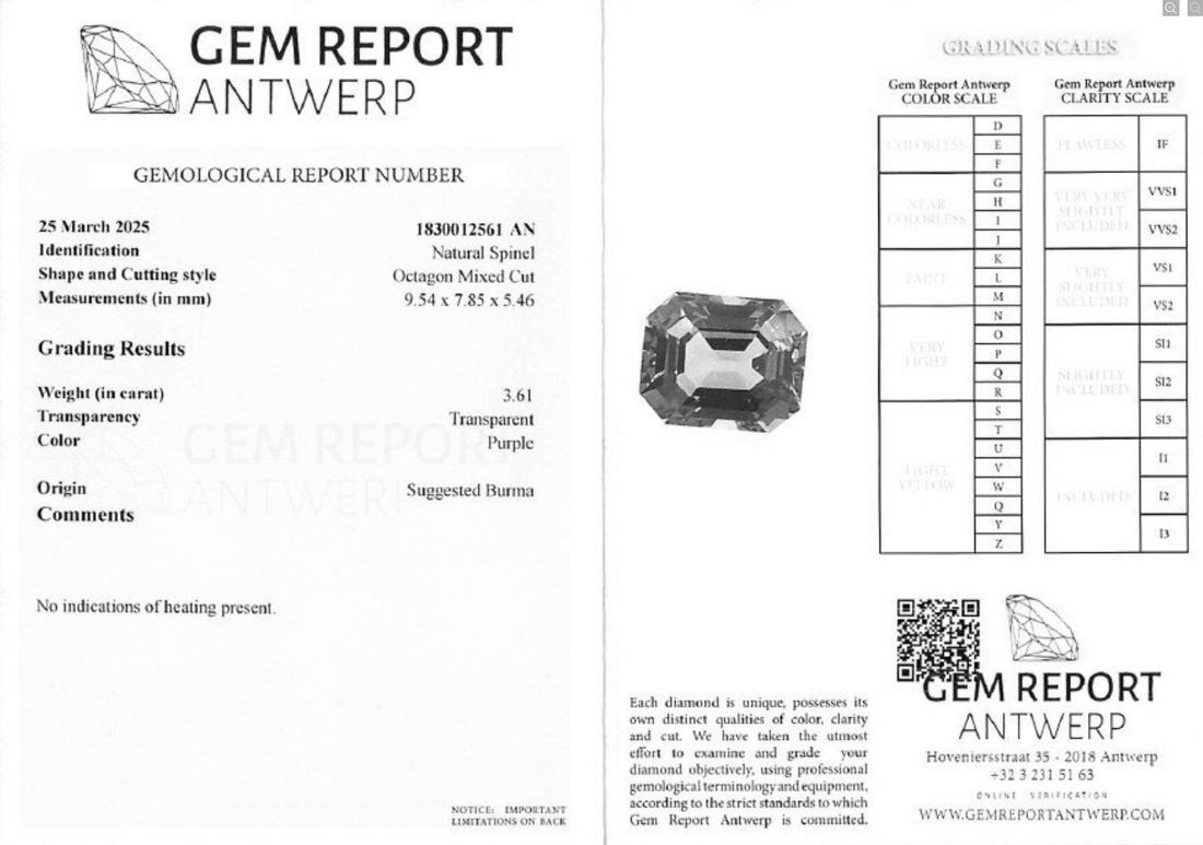 3.61 ct Natural Purple Spinel – Unheated Octagon Cut – Burma (Myanmar) – GRA Antwerp Certified