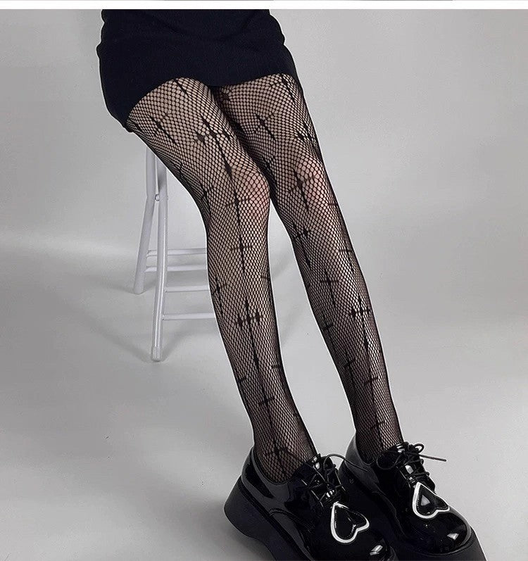 Gothic Cross Fine Mesh Fishnet Pantyhose | Black | JK Slim Tights
