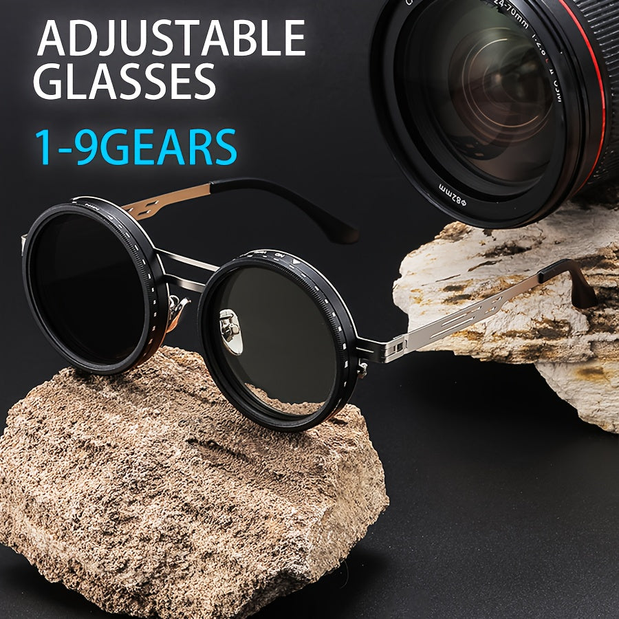Alternative darkwear adjustable dial lens sunglasses — gold zinc alloy frame UV400 round style