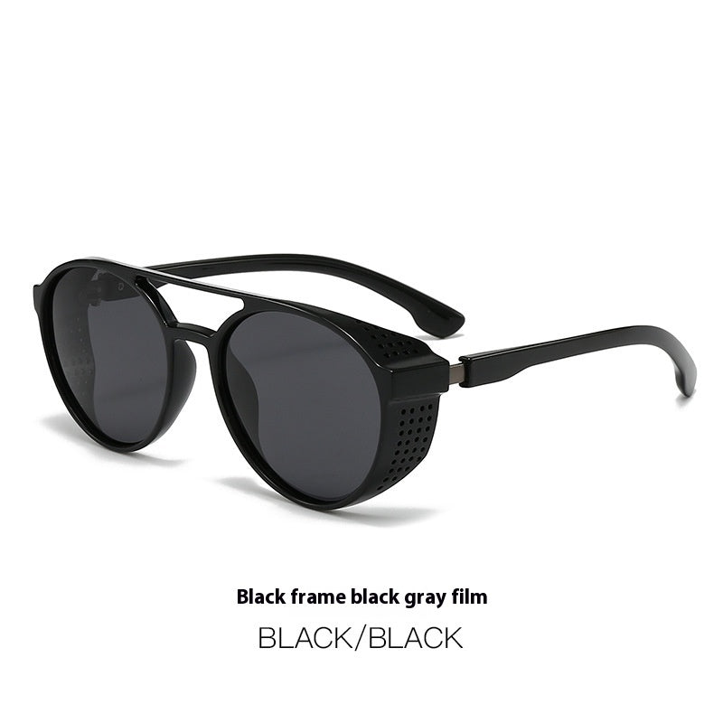 Alternative darkwear retro hollow frame sunglasses — black frame black gray lens UV protection