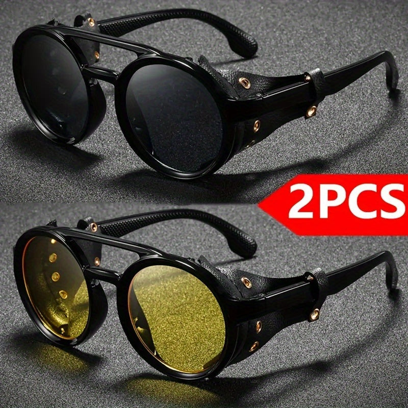 Alternative darkwear vintage round goggle sunglasses — black frame yellow tinted lens steampunk style