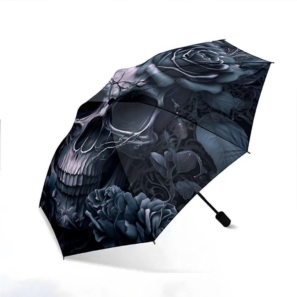 Alternative darkwear skull and rose umbrella fully open — gothic floral colorful canopy