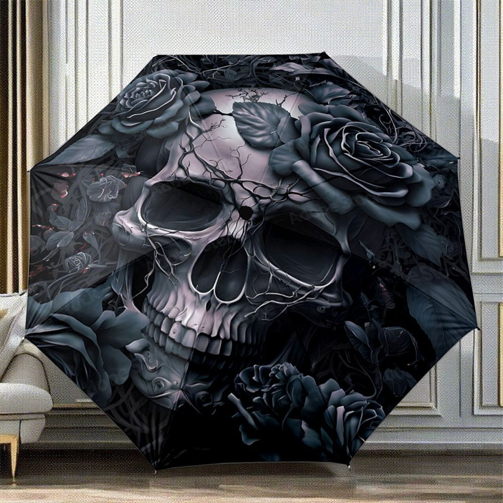 Alternative darkwear skull and rose umbrella fully open — gothic floral colorful canopy