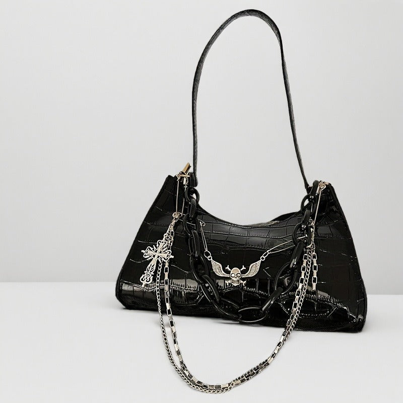 Sac à bandoulière Gothpunk Tête de mort et chaînes - Sac à main en similicuir d'alligator noir avec chaîne amovible, quincaillerie dorée et fermeture éclair, adapté à la mode Y2K et aux occasions avant-gardistes, motif texture alligator