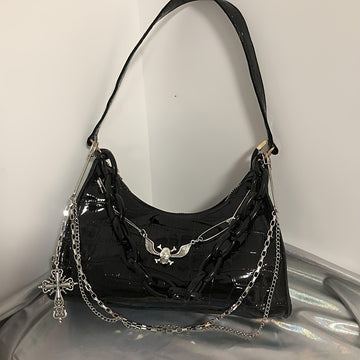 Sac à bandoulière Gothpunk Tête de mort et chaînes - Sac à main en similicuir d'alligator noir avec chaîne amovible, quincaillerie dorée et fermeture éclair, adapté à la mode Y2K et aux occasions avant-gardistes, motif texture alligator