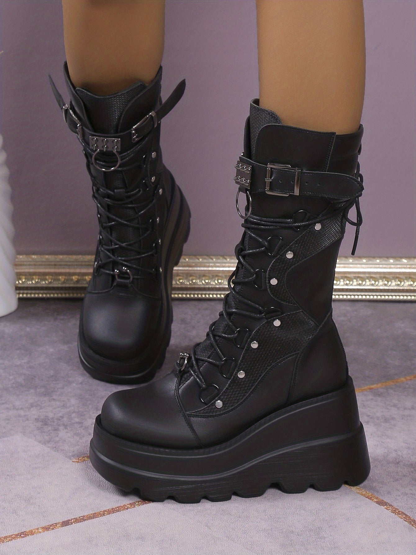 Black studded wedge platform boots darkwave fashion women silver dome studs full shaft side profile